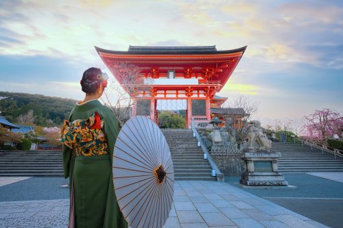 Young Japanese Woman In A Traditional Kimono Dress At Kiyomizu-dera