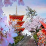 Young Japanese Woman In A Traditional Kimono Dress At Kiyomizu-dera Temple In Kyoto, Japan