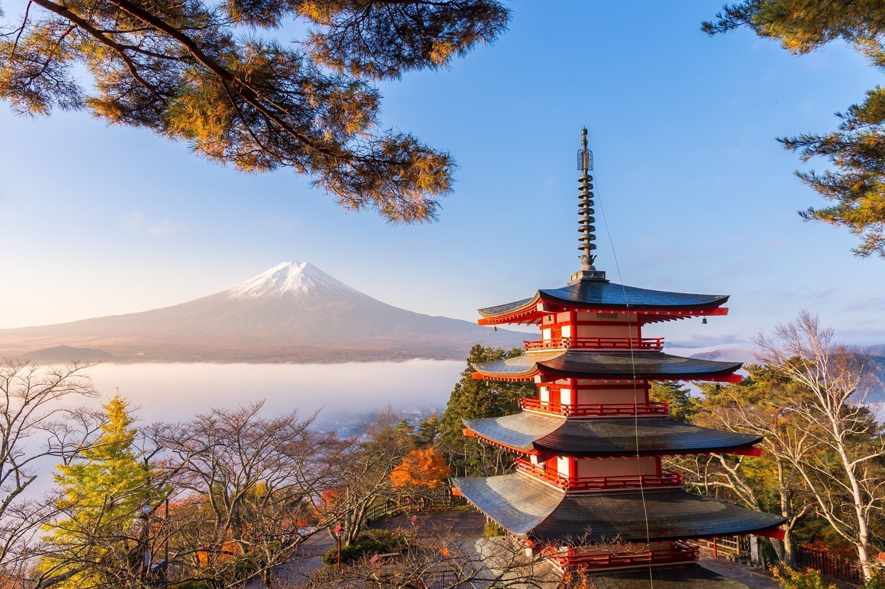 Chureito Pagoda Stands Tall With View Mount Fuji View In The Background