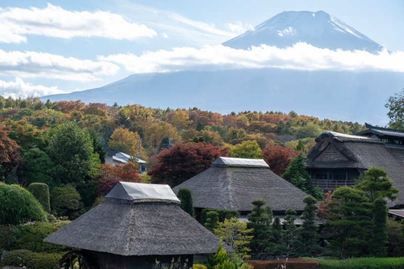 Rooftops Of Oshino Hakkai Looking At Mt Fuji, Autumn Afternoon