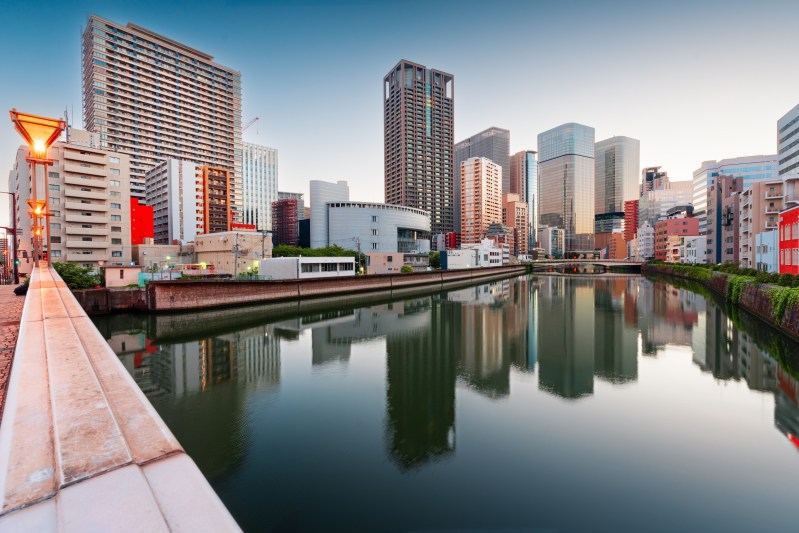 10 Day Budget Japan Tour - Osaka, Japan Cityscape On The River At Dusk.