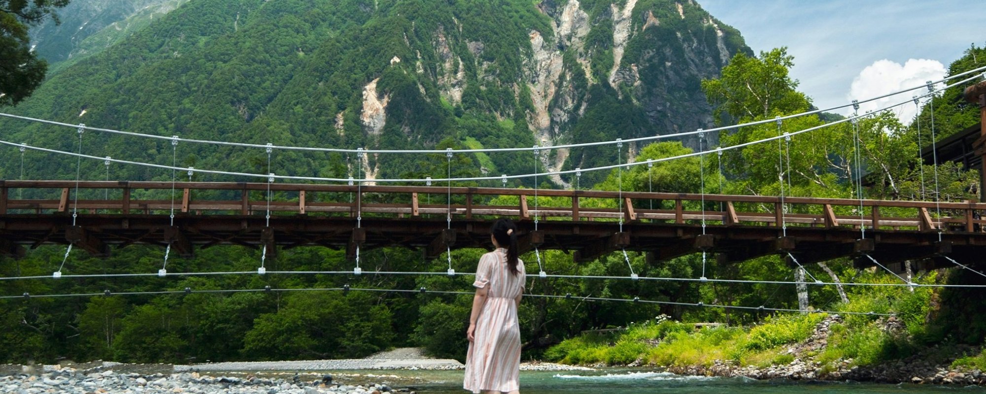 Kamikochi Girl Standing By River Chubu Region Mountains