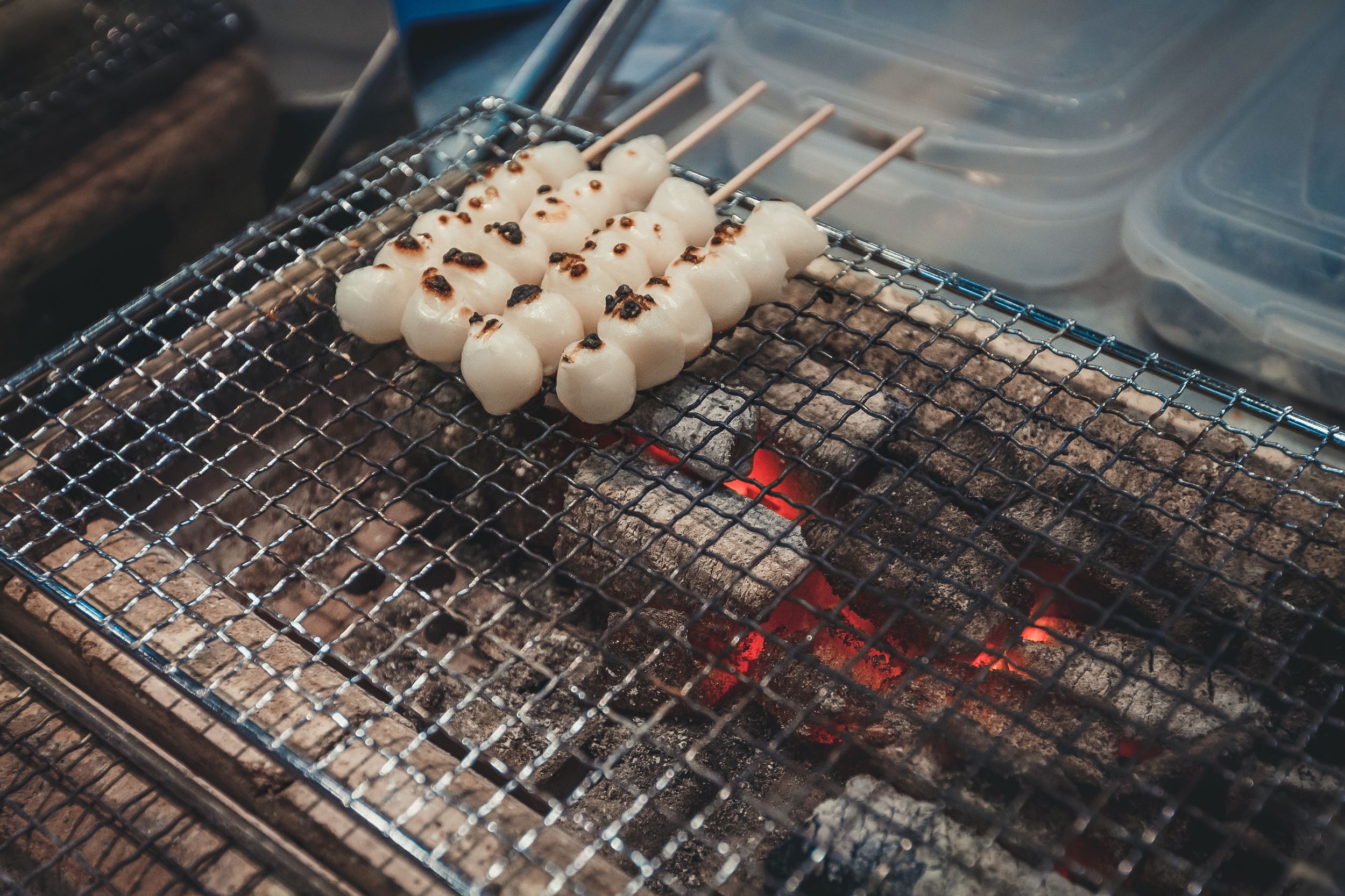Food Tour In Kyoto Nishiki Market - Mochi On A Sticks, Sweet Rice Cake Dessert, Kyoto, Japan