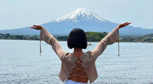 Woman In Front Of Lake Kawaguchi Mount Fuji