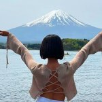 Woman In Front Of Lake Kawaguchi Mount Fuji