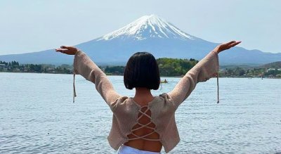 Woman In Front Of Lake Kawaguchi Mount Fuji