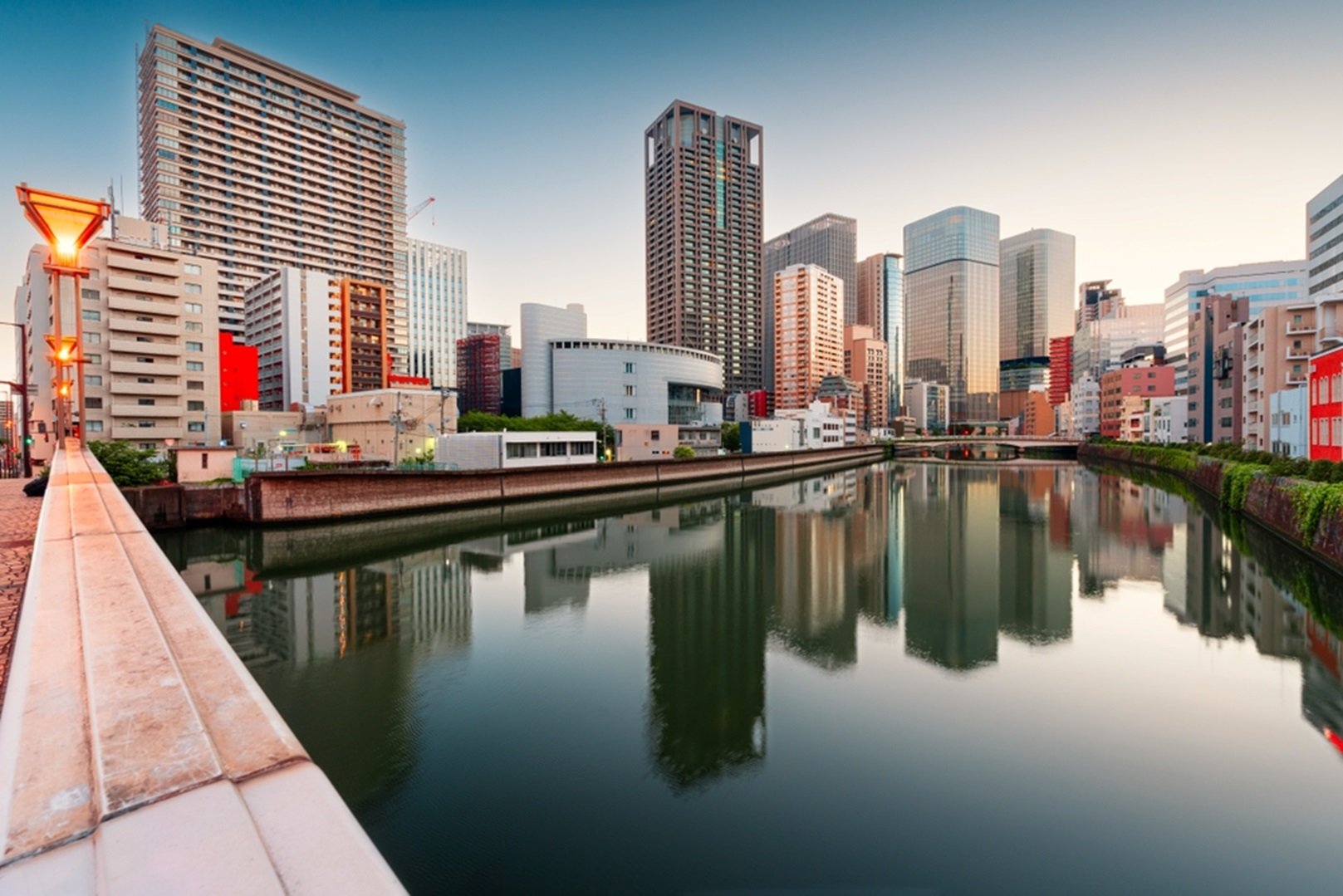 Osaka Skyline With Bridge Over Ogawa River