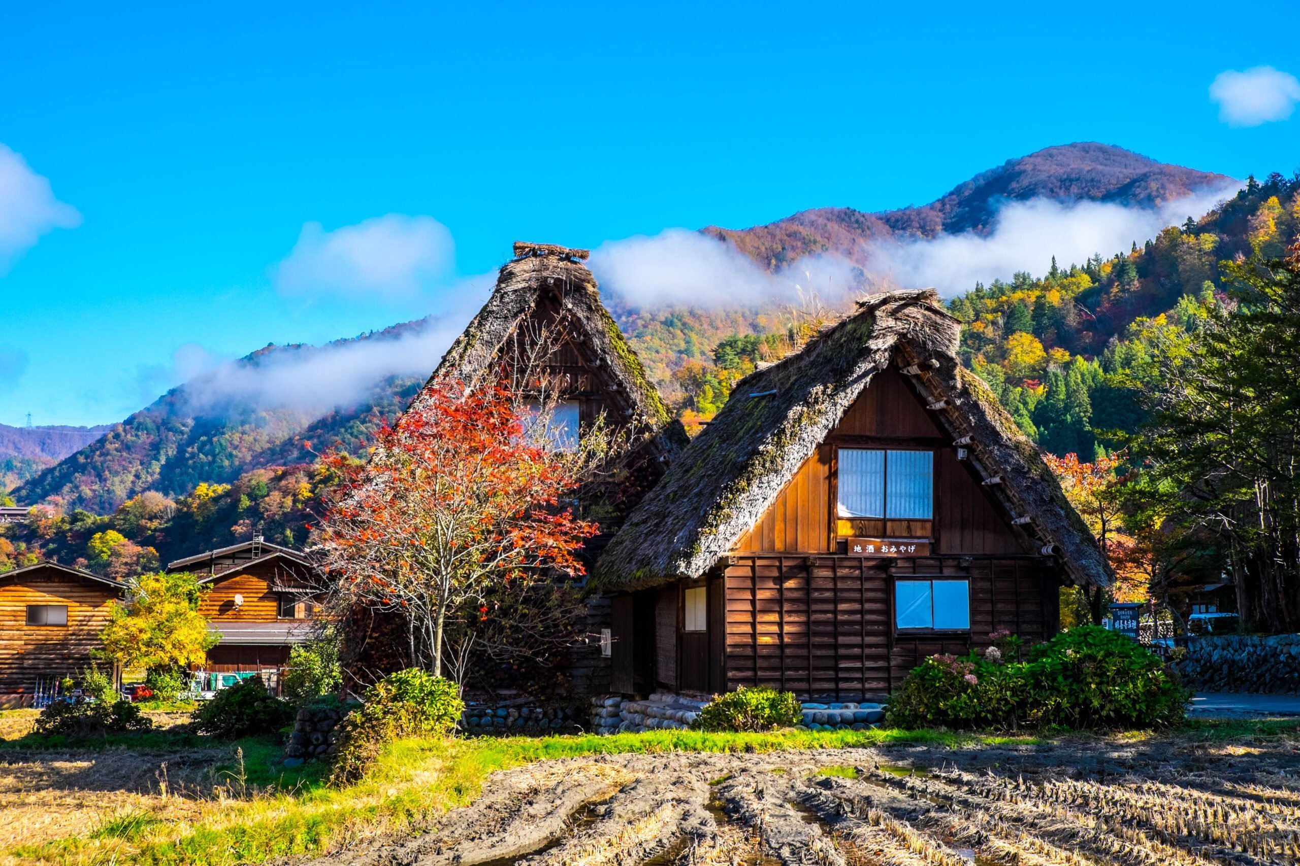 Blue Sky, Green Grass, Rolling Mist, Brown Rustic Traditional Japanese Huts In The Shirakawago Village Of The Gifu Prefecture, Japan