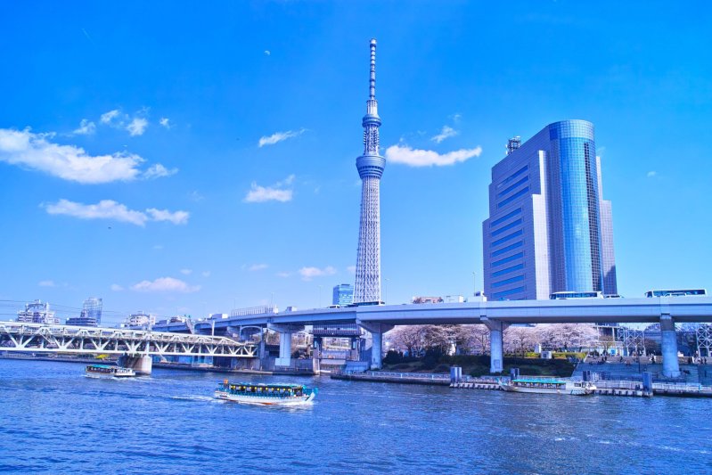 Panoramic View Of Tokyo's Skyline Against A Blue Sky Background.