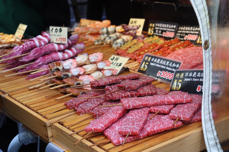 10 Day Budget Japan Tour - Tsukiji Fish Market Streetfood Showcasing Different Skewers